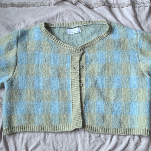 OAK + FORT Women's Long Sleeve Cardigan Sweater - Green, blue Plaid, Cropped - Picture 9 of 9
